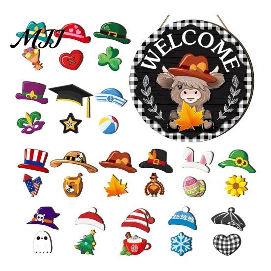 Festive Wooden Door Decoration 1 Set Interchangeable Welcome Sign with Seasonal Hat Accessories Gnome Hats Highland Cow Hanging Front Home