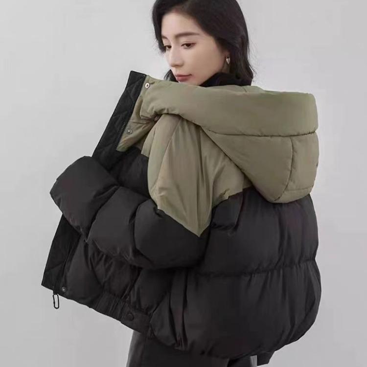 Women's Winter Hooded Short Coat with Down Cotton Patchwork Loose Jacket