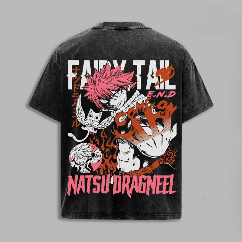 Vintage Washed Natsu Dragneel Graphic T-shirt Anime Fairy Tail Oversized T Shirt Men Women Clothing Cotton Short Sleeve Tees