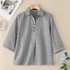ZANZEA Women Turn Down Collar Loose 3/4 Sleeve Casual Stripe Blouse