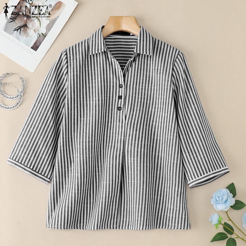 ZANZEA Women Turn Down Collar Loose 3/4 Sleeve Casual Stripe Blouse