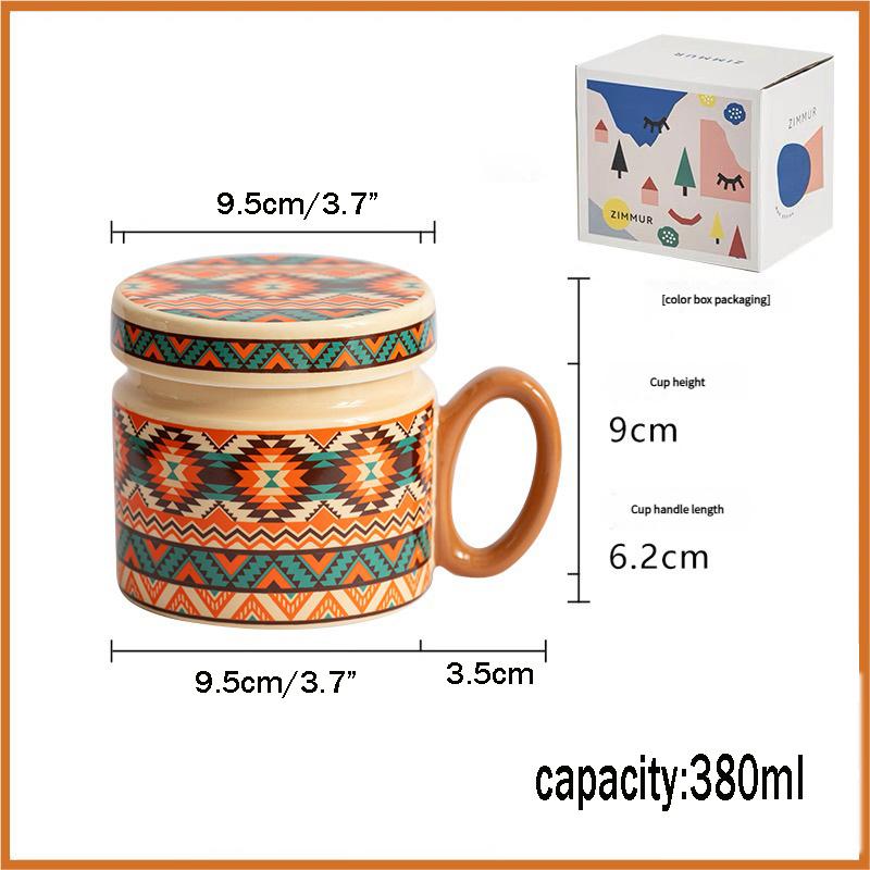 

Bohemian Ceramic Coffee Mug with Lid, 380ml Ethnic Style Tea Cup, Drinkware, Microwave & Dishwasher Safe for Home 301-400ml