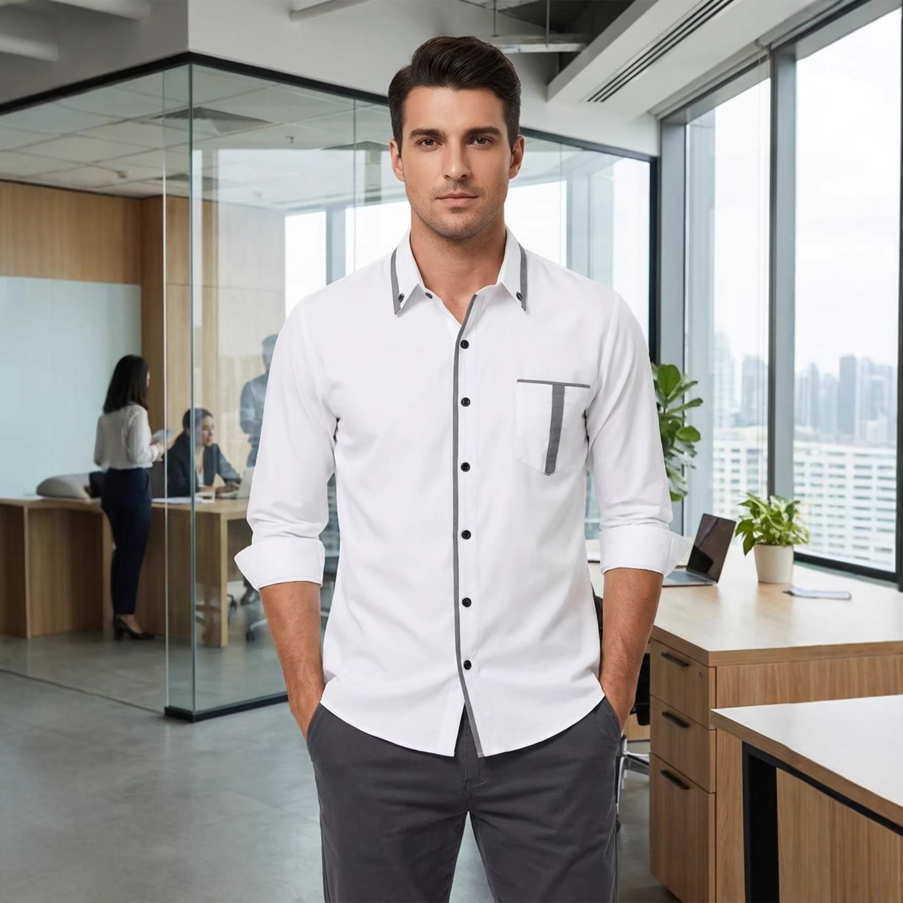 Men s Spring Autumn Business Casual Shirt, Color Block Long Sleeve Button-Up Shirt, Loose Fit Dress Shirt S белый