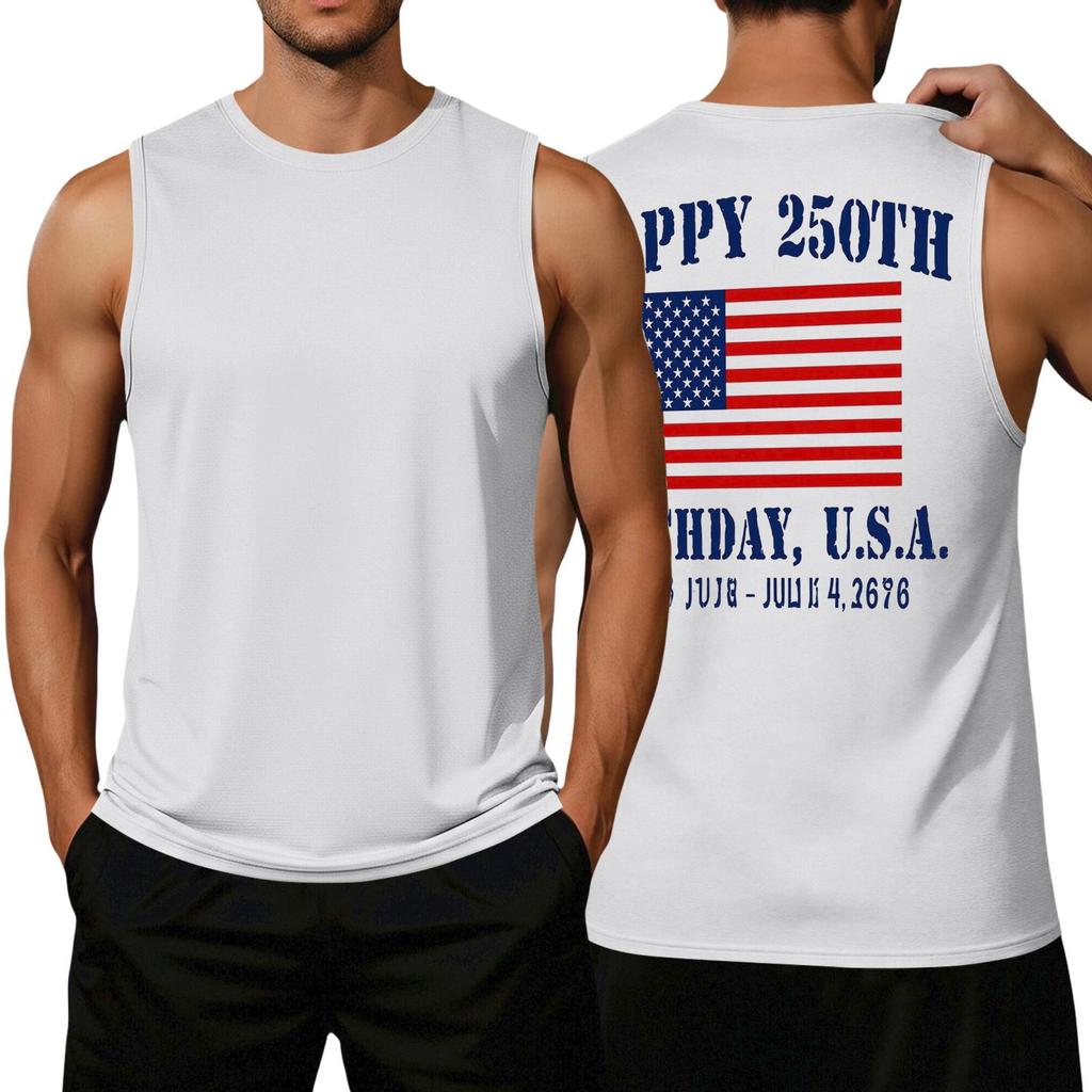 Men's Loose Fit Sleeveless Casual Tank Top with Flag Print Comfortable Athletic Muscle Shirt for Summer Outdoor Activities