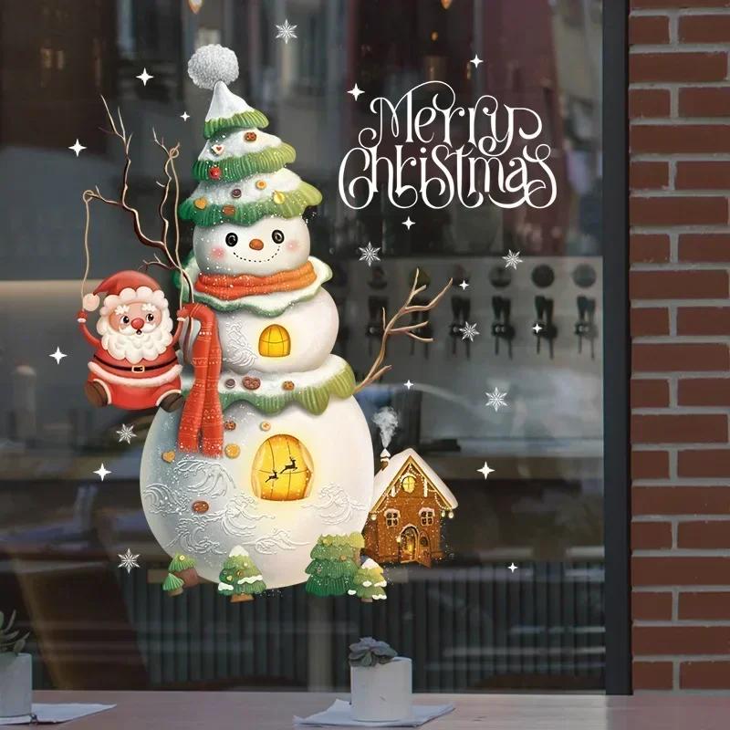 1Pcs Christmas Window Glass Sticker Cartoon Snowman Pattern Home Living Room Wall Holiday Self-adhesive Decoration Accessories