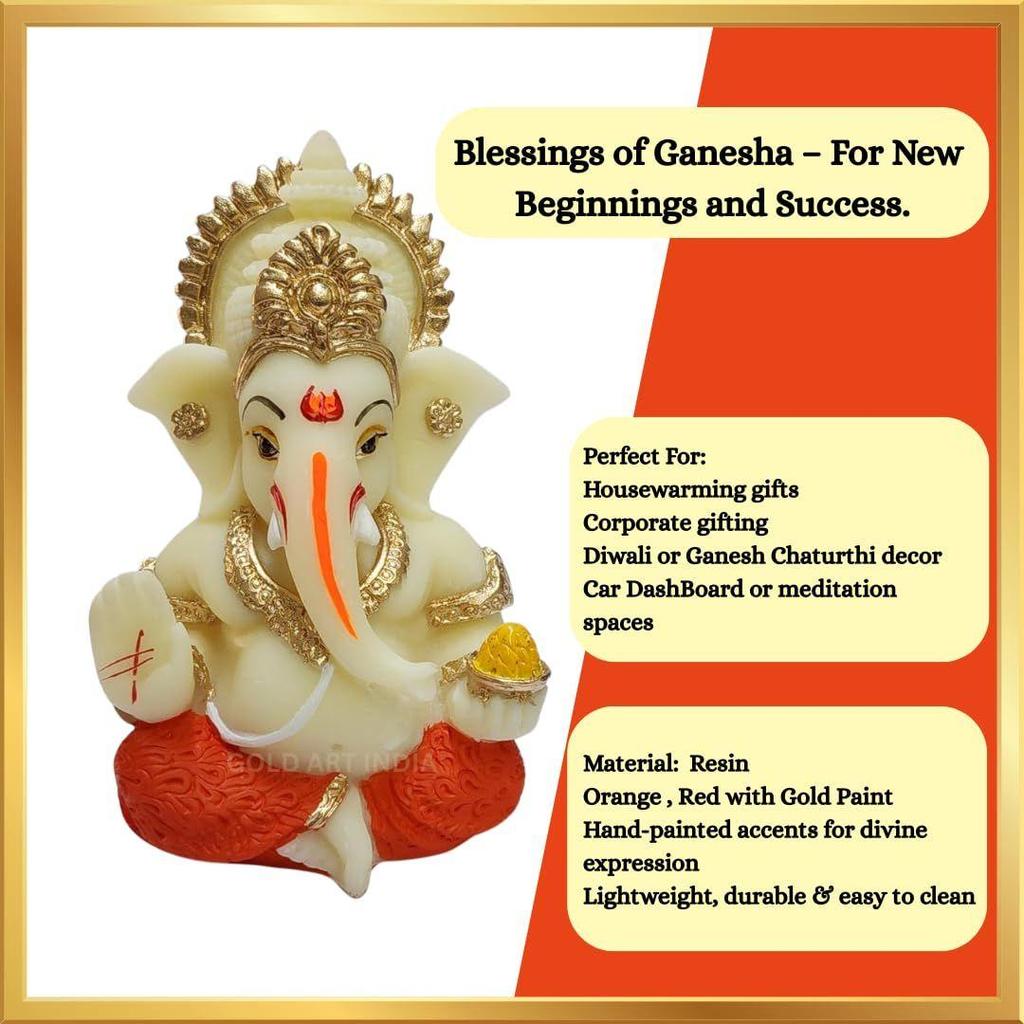 Resin Lord Ganesha Idol for Car Dashboard, Home, Office | Ganpati Statue for Mandir Decor | Handcrafted Ganesh Murti (Red & Ivory)