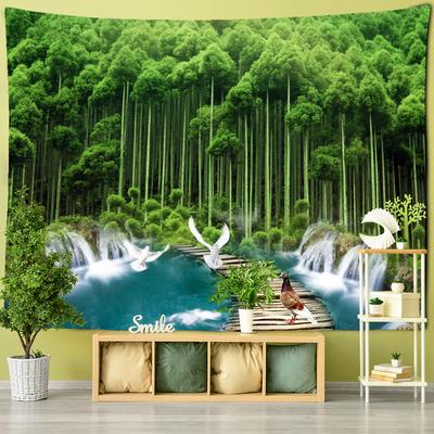 Tapisserie murale chinoise à suspendre avec forêt de bambous et pigeon volant, décoration murale psychédélique hippie pour arrière-plan de télévision