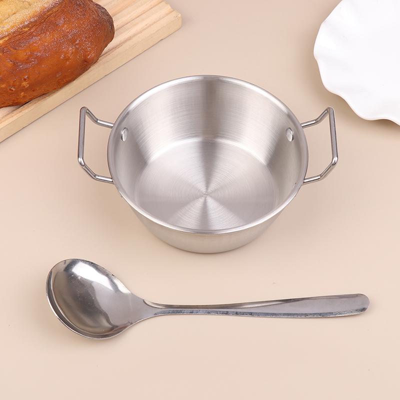 304 Stainless Steel Tableware Set - Silver Instant Noodle Bowl, Korean Rice Wine Bowl, Double-Handle Ladle & Salad Snack Basket