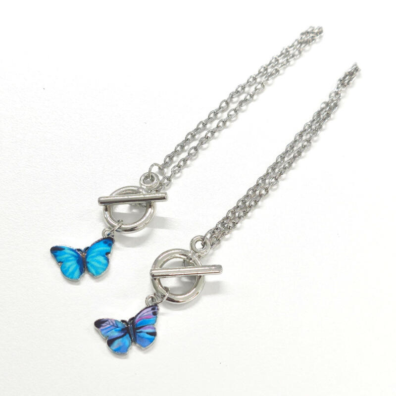 Dreamy Watercolor Blue Butterfly Pendant Silver Chain Bracelet