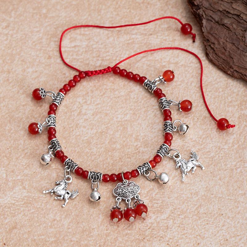 Imitation Red Agate Zodiac Foot ChainRed Rope Bell Hidden Silver Peace Lock Foot Rope Accessory