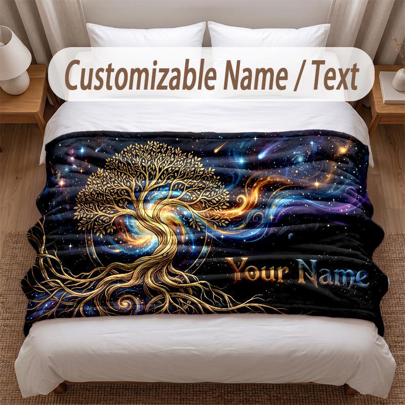 Tree of Life Theme Soft Blanket Personalized Custom Name Text Print Warm Blanket Home Sofa Bedroom Decor