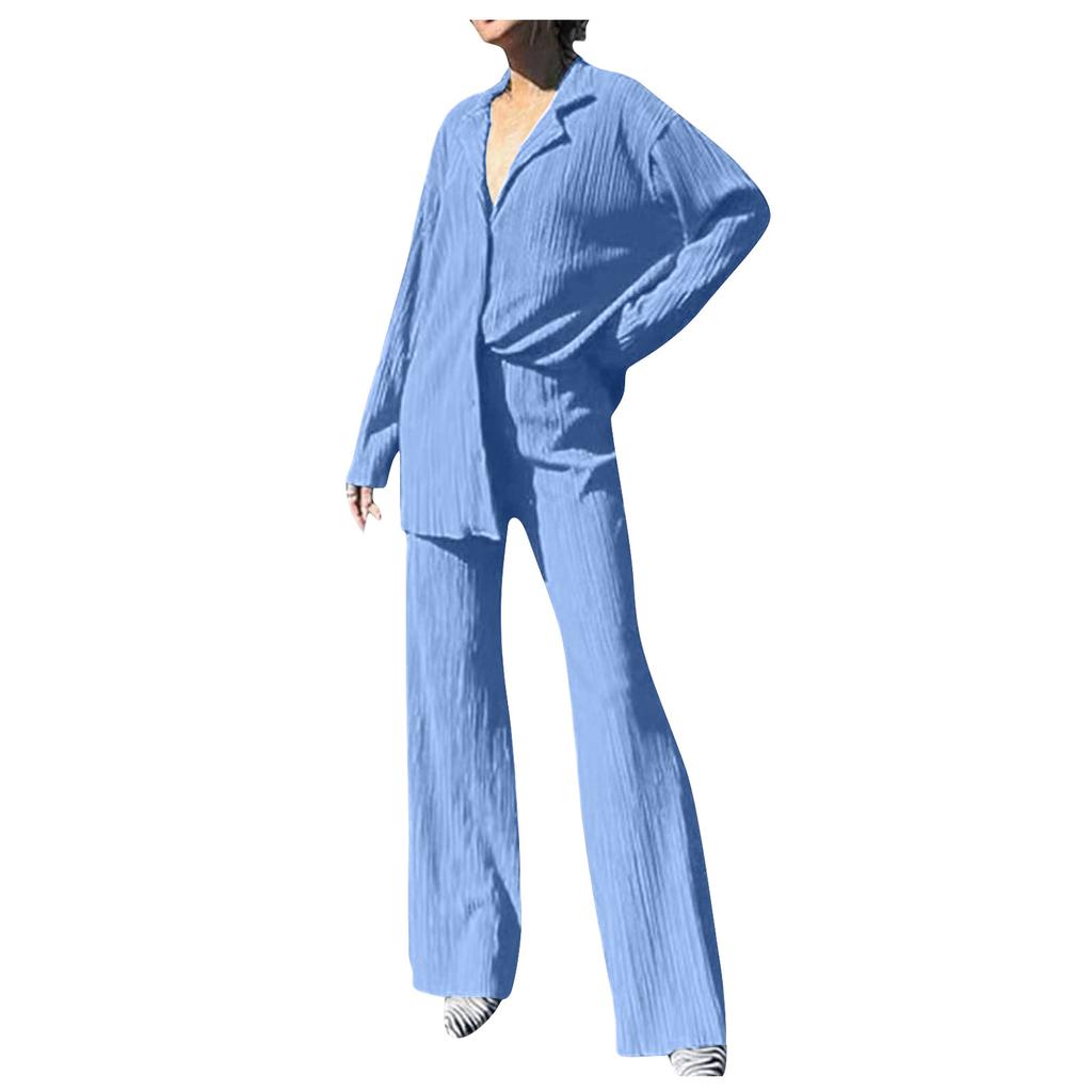 Women's 2 Piece Casual Outfits Long Sleeve Button Down Shirt High Waist Long Pants Loungewear Streetwear