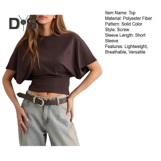 Dámské jednobarevné tričko s kulatým výstřihem Prodyšný ležérní top Letní pulovr s krátkým rukávem na práci, pro každodenní nošení, na večírky