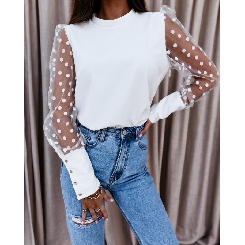 Spring 2026 Lace Sleeve Semi-High Neck Chiffon Blouse