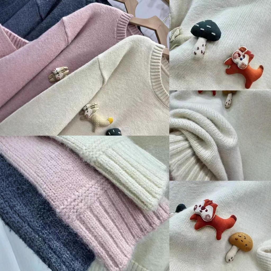 Artistic Autumn 3D Fox & Mushroom Knit Sweater for Women