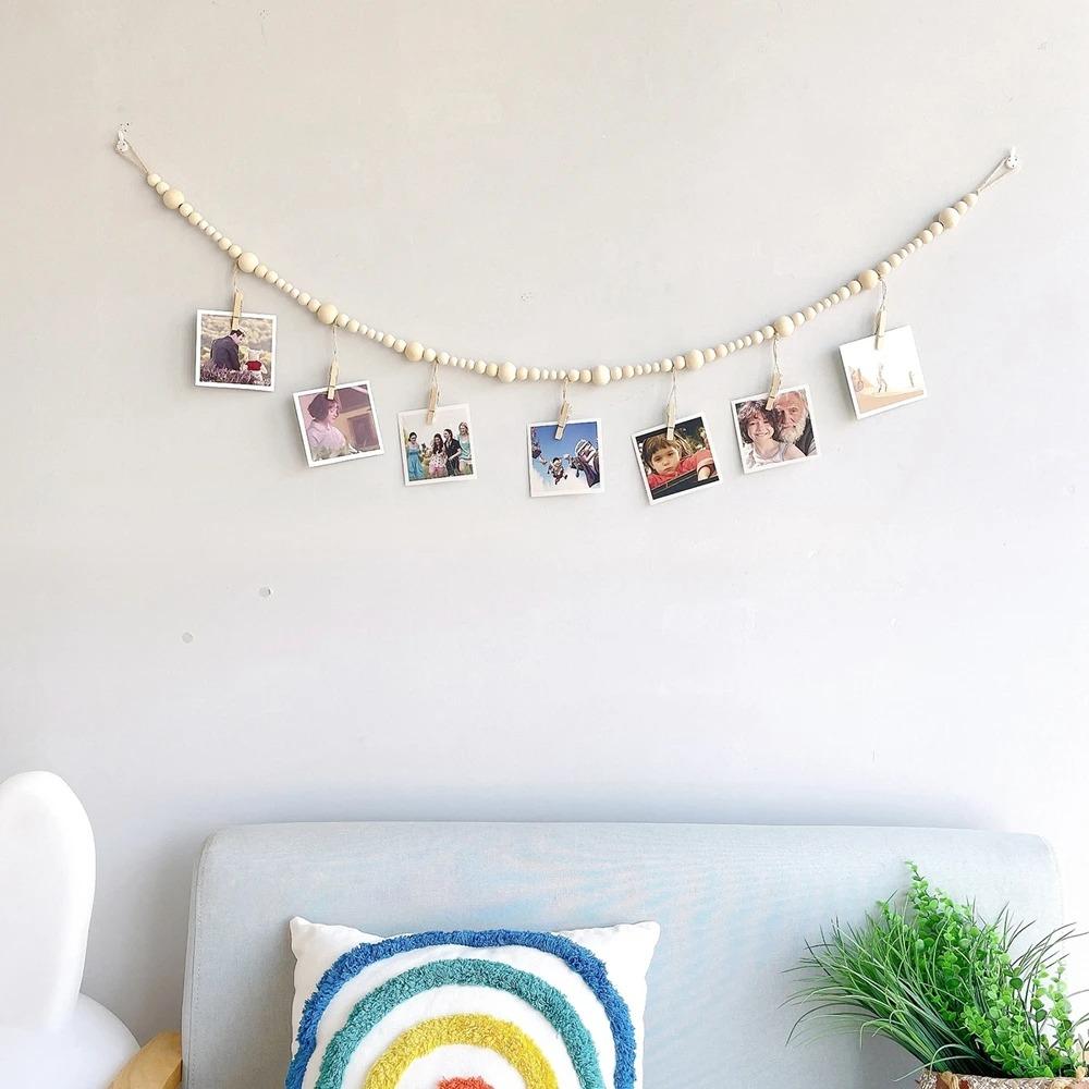 Wall Hanging Picture Holder Wooden Beads Photo Shelf Frame String Rustic Photo Display  Living Room