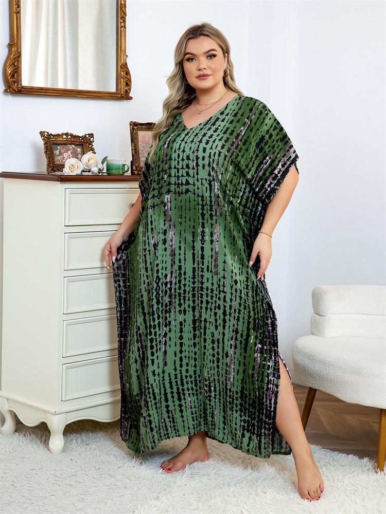 EDOLYNSA 2024 Casual V Neck Green Dark Stripe Tie-Dye Grande Taille Kaftan Femmes Été Boho Imprimé Robe De Plage Maillot De Bain Cover Up Q1218