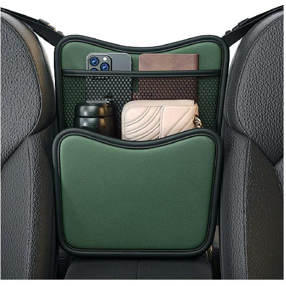 Car Organizer Storage Between Seats, Leather Large Capacity Automobile Handbag Hanging Store Content Bag, Auto Console Organizer Holder for Snack