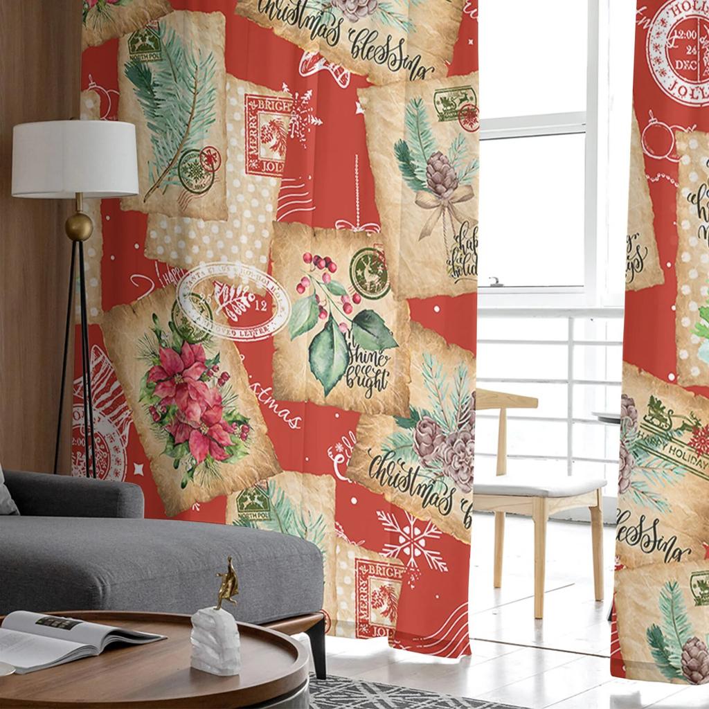 Christmas Retro Envelope Stamp Bedroom Transparent Sheer Curtains Holiday Decoration Window Voile Tulle Curtain