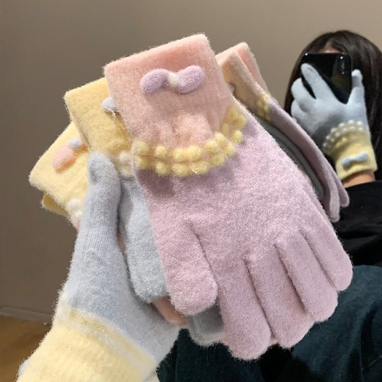 Newcomer Discount: Cute Blue Bow Knitted Plush Women's Gloves - Fall/Winter 2025