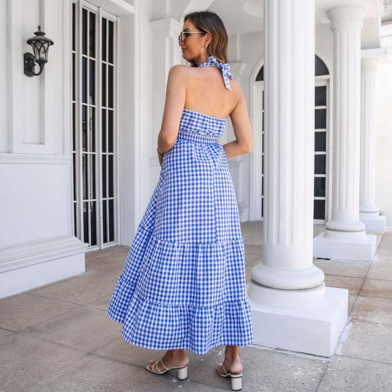 Summer Women's Lattice Hanging Neck Dress Bohemian Holiday Range Waist Ruffle Large Swing Long Dress