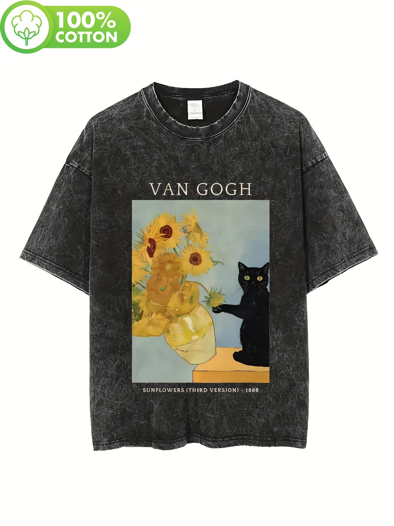 

Washed Mens T Shirt Pure Cotton Breathable Fabric Printed with Monets Sunflower and Black Cat Design S