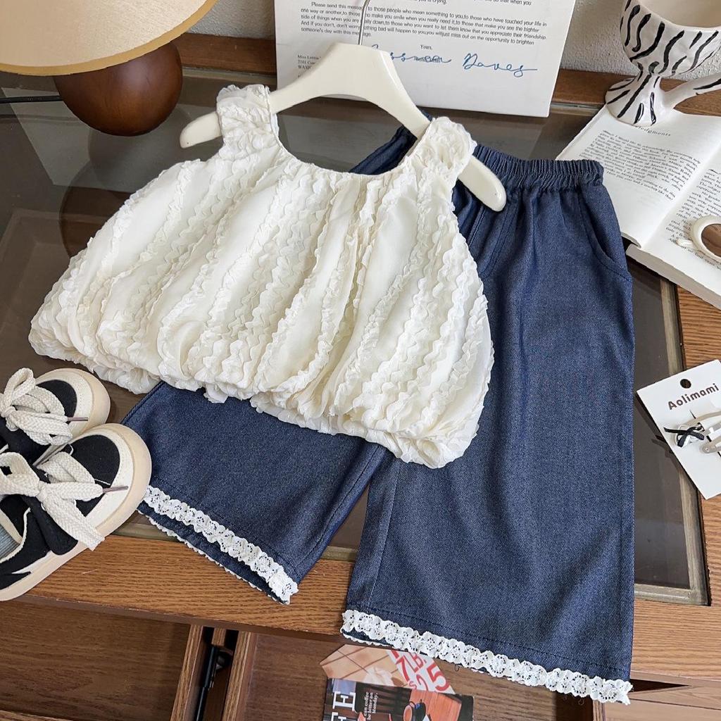 Girls' Korean Summer Fashion: Sleeveless Top & Wide-Leg Jeans Set