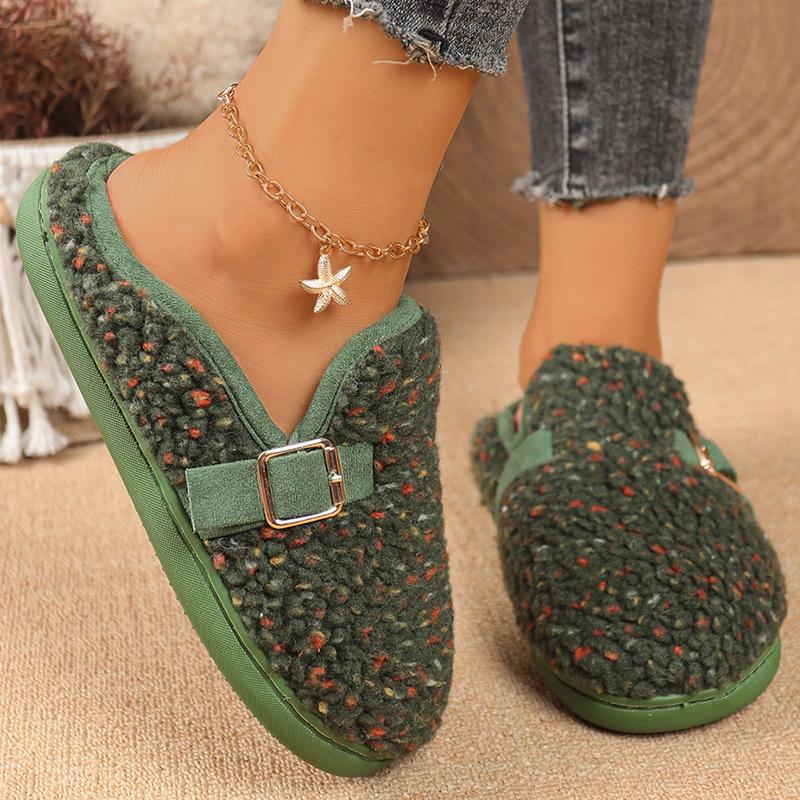 Fashion Fashion Mix Color Plush Slippers Women Round Toe Slip On House Cotton Slippers Woman Winter Buckle Strap Detor Fur Slides Ladies