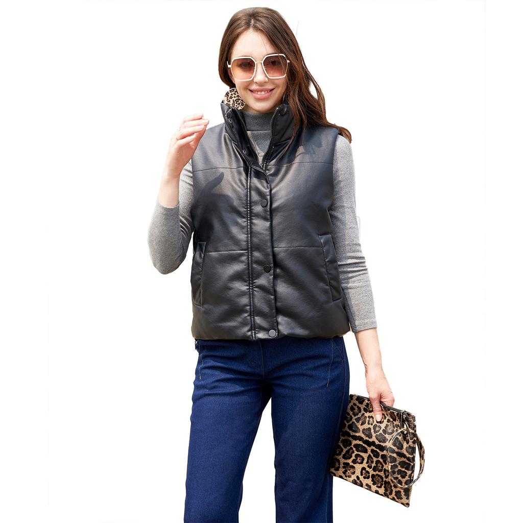 Ladies Leather Vest Sleeveless Padded Zipper Cotton Clothes Fashion Stand Collar Jacket