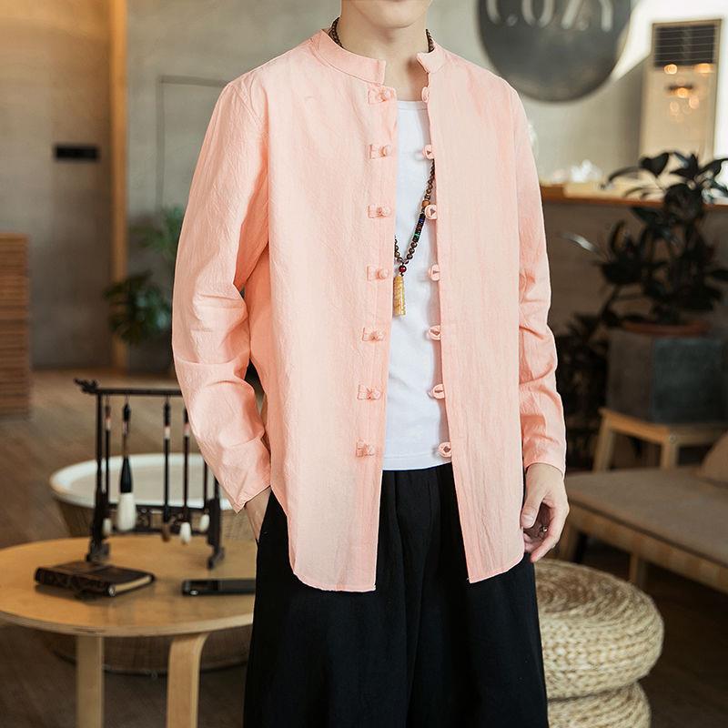 Men’s Chinese Style Long-Sleeve Linen Tang Suit Shirt and Jacket