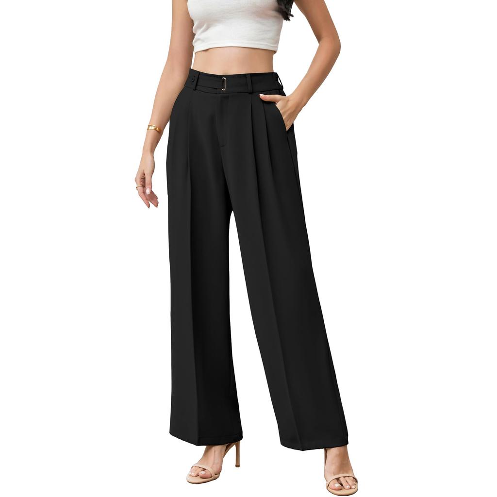 Women's High Waist Wide Leg Pants with Belt Business Casual Straight Leg Trousers for Office and Daily Wear