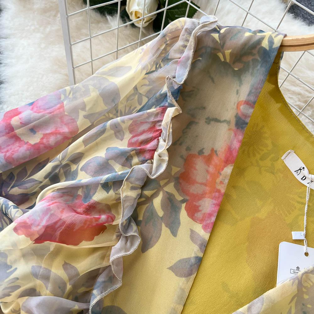 RUGOD Vacation Style Deep V-neck Lantern Sleeves Pleated Long Dress Early Spring Gentle Style Tea Break French Oil Painting Dress