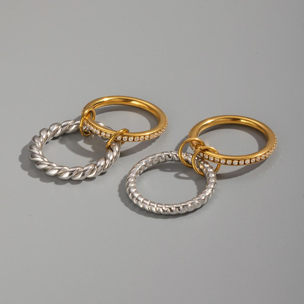 Stainless Steel Two Tone Double Layer Cubic Zirconia Circle Ring 18K Gold Plated Stackable Waterproof Ring for Women Jewelry