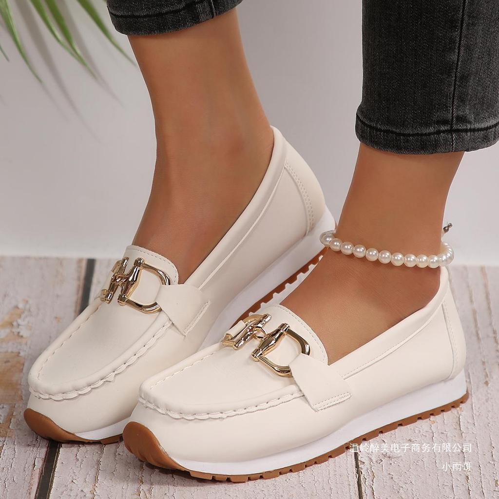 Foreign Trade Large Size Buckle Low Top Round Head Casual Single Shoes Women's Shallow Mouth Soft Sole Flat Heel Foot Lazy Loafers Wish