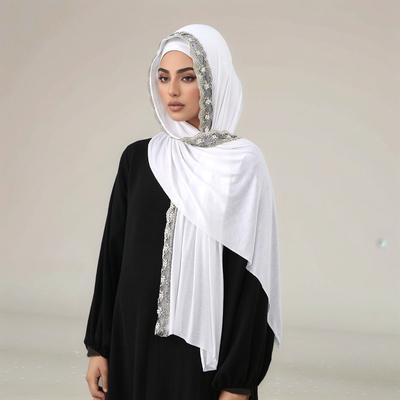Pearls Embroidery Cotton Jersey Muslim Hijab Long Scarf Women Head Wraps Shawl Turban Eid Soild Headband Malaysia Tudung 170*60C