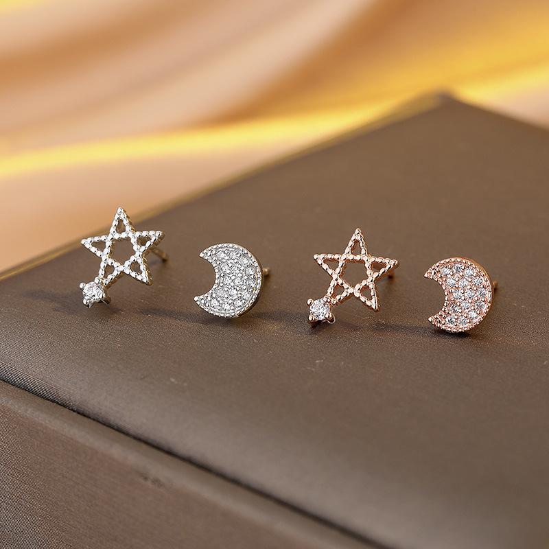 Star Moon Earrings Women'S 2026 Simple Fashion Zircon Asymmetrical Star Moon Earrings Earrings