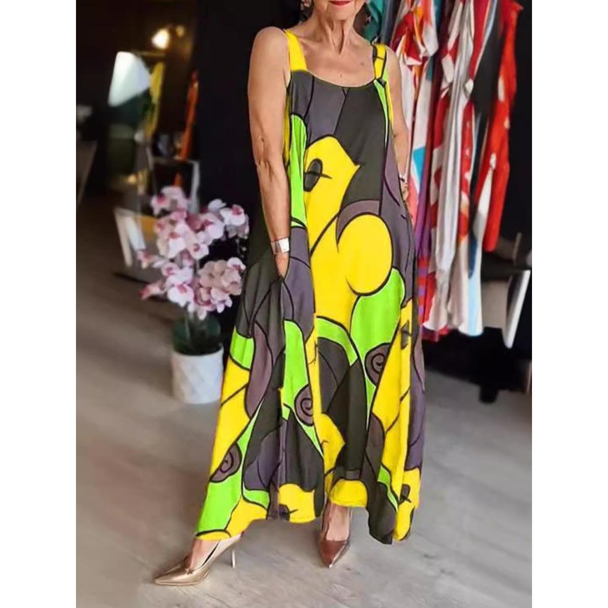 

Women s Casual Sleeveless Sleeveless Geometric Print Plus Size Long Dress with Pockets Clothes Sale 5XL жовтий