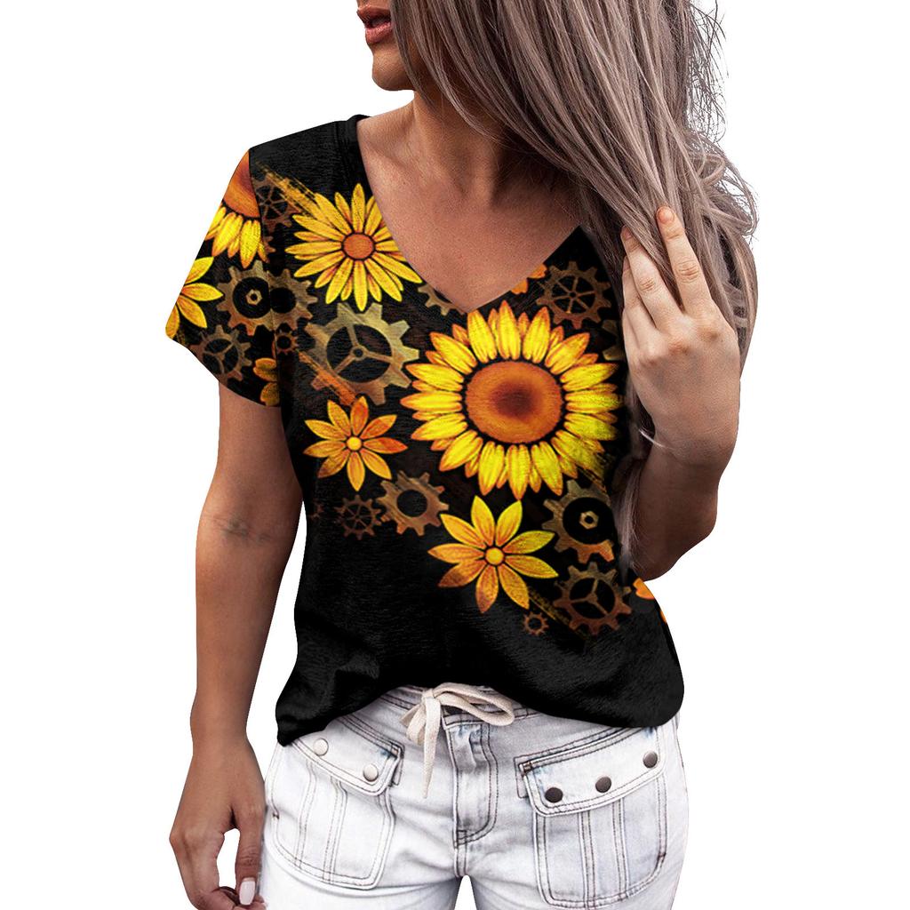 Summer Women Floral Print V Neck Short Sleeve Loose 3D T Shirt