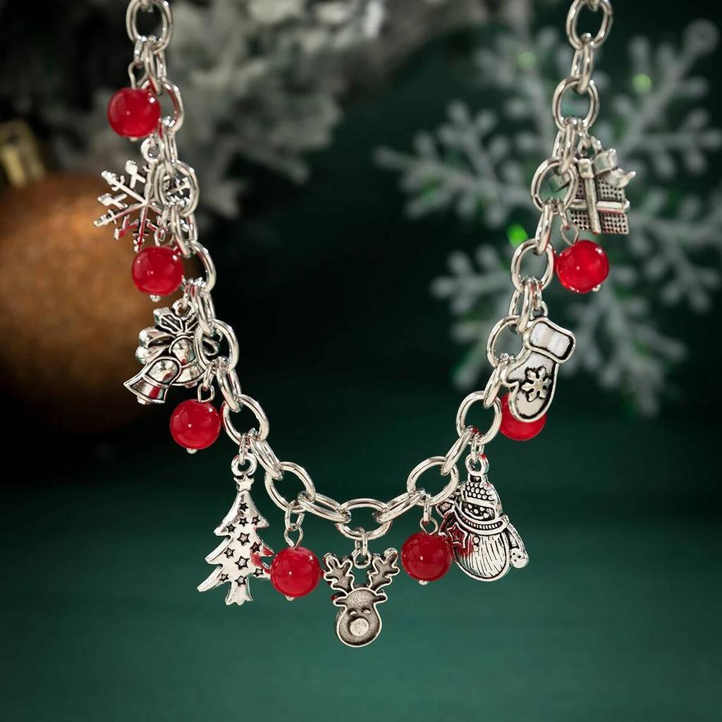 Salircon New Trendy Christmas Series Charm Necklace Women Metal Santa Claus Elk Snowman Bell Pendant Choker Neck Jewelry Gift