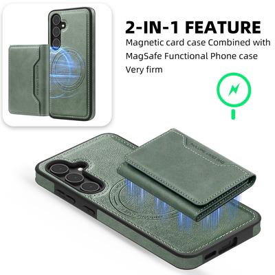 For Samsung Galaxy S25 Case Compatible with MagSafe Leather Back Phone Cover with Detachable Card Bag