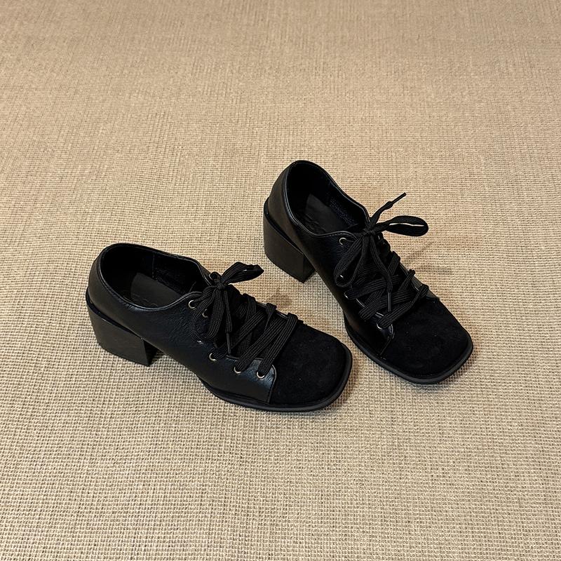 Herbst Winter Vintage Eckige Zehenpartie Dicker Absatz Damen Mary Jane Schuhe Street Style Schnürung Partykleid Damen Pumps