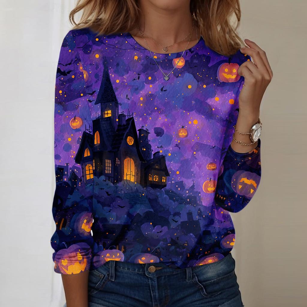 Women's Casual Long Sleeve Neck Top with Halloween Print