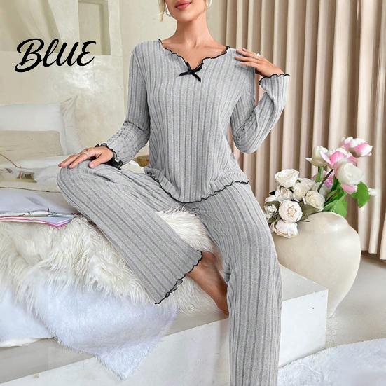Women Pajama Set 2Pcs/Set Pajamas V-Neck Long Sleeve Lace Trim Tops Casual Home Clothing Elastic