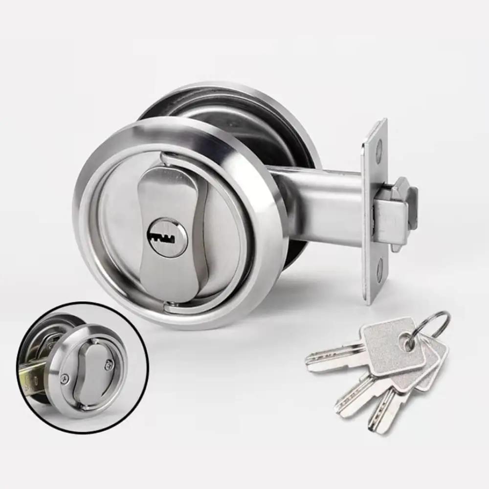 Recessed Interior Sliding Door Lock Round Privacy Sliding Door Closing with Keys Hidden Pull Ring Sliding Door Latch