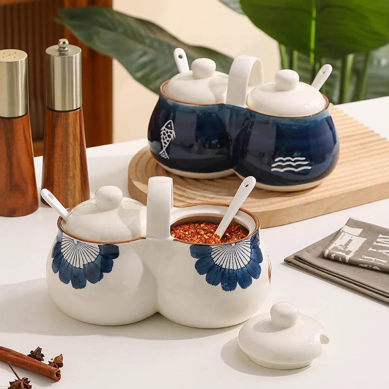 2-in-1 Ceramic Seasoning Jar Household Sauce Jar Salt Pepper Pepper Grain Distributor Kitchen Ceramic Seasoning Box Home