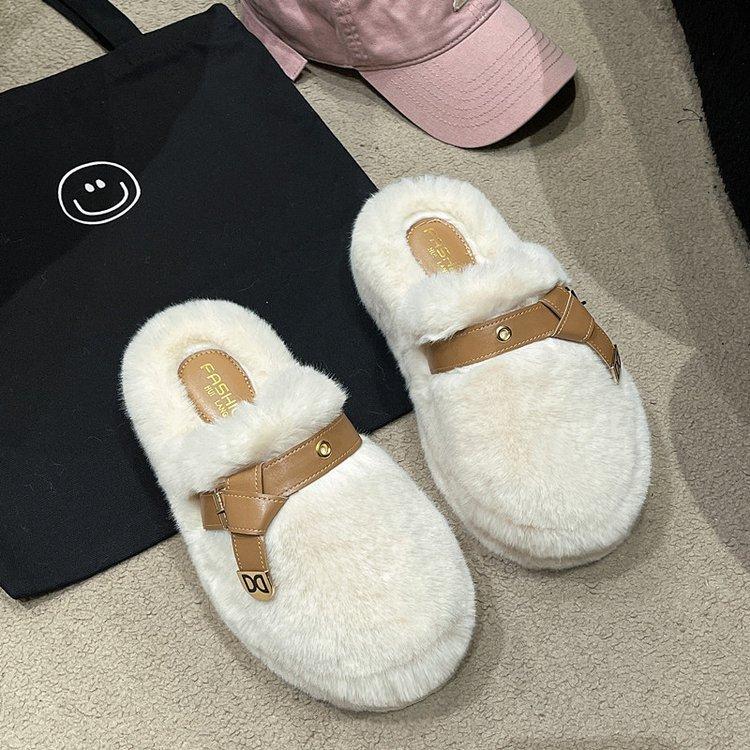 Internet celebrity baotou half slippers women's outer wear 2025 spring and autumn new heightened thick-soled fluffy shoes home warm cotton mop