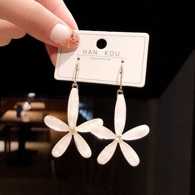 

925 Silver Needle Minimalist Flower Five Petal Flower Earrings Seaside Sweet High-Profile Earrings Long K-style Eardrops Ear Hooks A white 925 silver needle