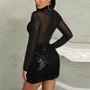 Damenmode Mesh Party Clubwear Pailletten Transparentes Sexy Rollkragenkleid
