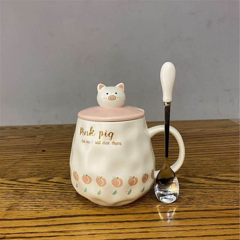 Cute Pig Cup Water Cup Household with Cover Spoon Girl Heart Mug Breakfast Cup Souvenir Ceramic Cup