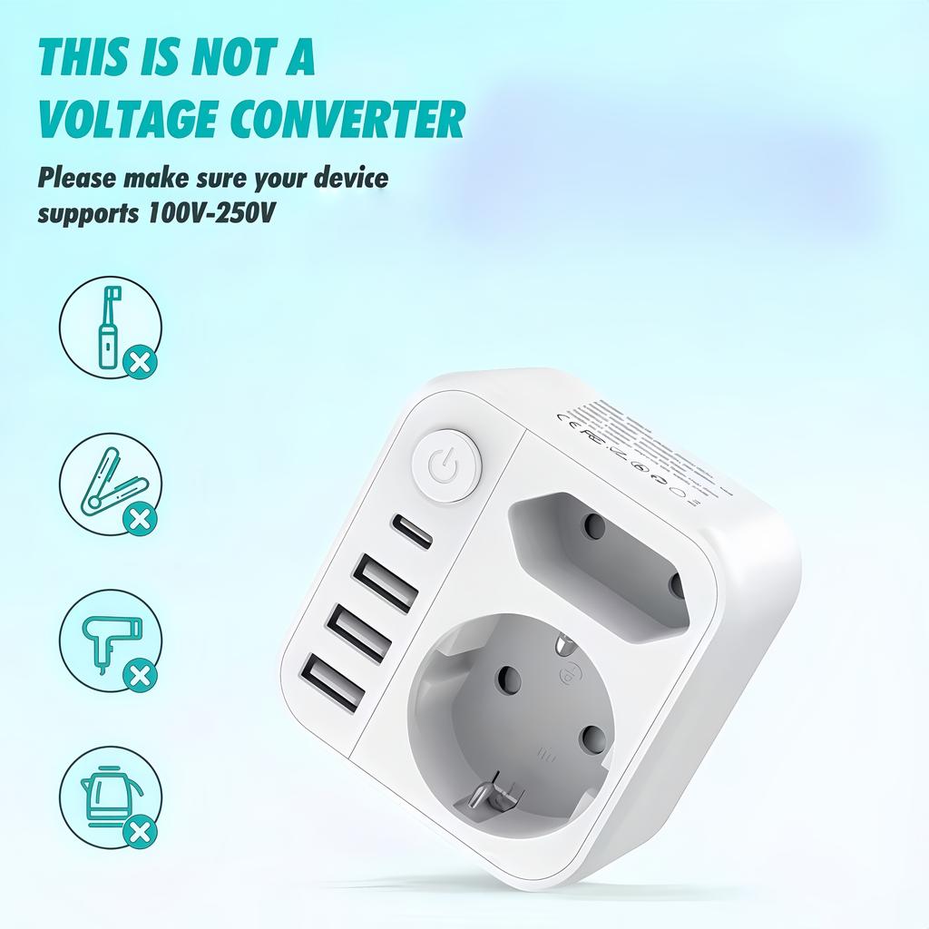 EU Plug Converter Multifunctional Socket Extension with 3 USB Ports and 1 Type-C Charger,  Home/Office Universal Outlet German French Russian European